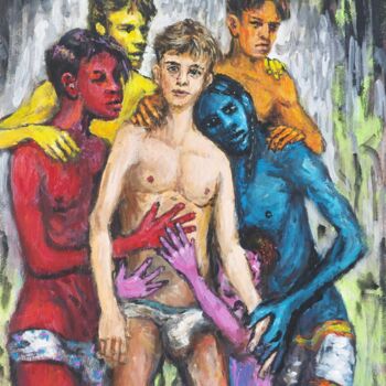 Painting titled "Colorful boys" by Giorgos Ncl, Original Artwork, Acrylic Mounted on Cardboard