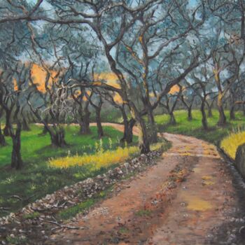 Painting titled "Olive trees forest" by Giorgos Ncl, Original Artwork, Oil Mounted on Wood Stretcher frame
