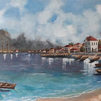 Malerei mit dem Titel "Boats on the beach" von Giorgos Ncl, Original-Kunstwerk, Öl Auf Keilrahmen aus Holz montiert