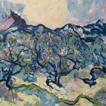 Painting titled "Olive grove" by Svetlana Gorina, Original Artwork, Oil Mounted on Wood Stretcher frame