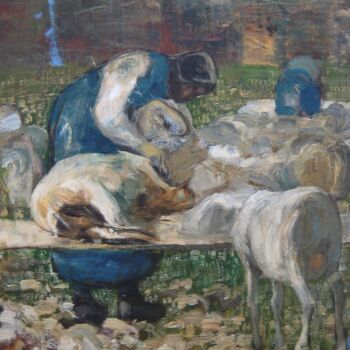 Pittura intitolato "Tonte des moutons" da Giovanni Segantini, Opera d'arte originale, Olio