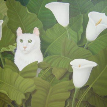 Pintura titulada "chat dans les arums" por Jean-Jacques Giraud, Obra de arte original, Oleo Montado en Bastidor de camilla d…