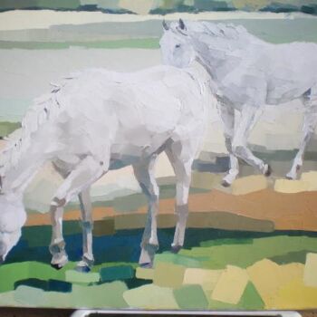 Painting titled "chevaux blancs" by Gisele Ceccarelli, Original Artwork, Oil