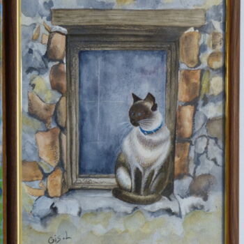 Painting titled "Chat siamois" by Gisele Hamon, Original Artwork, Watercolor Mounted on Cardboard