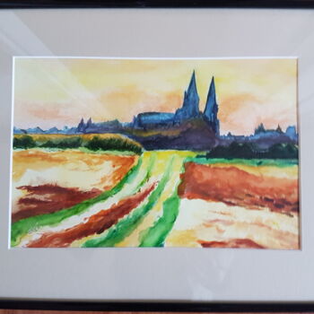 Painting titled "Coucher de soleil s…" by Gisele Hamon, Original Artwork, Watercolor Mounted on Cardboard