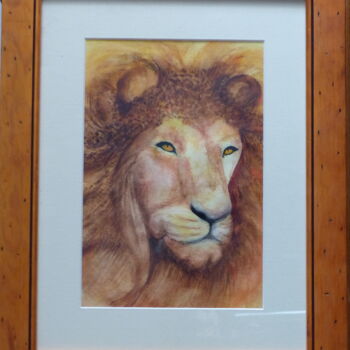 Painting titled "Lion fourbu" by Gisele Hamon, Original Artwork, Watercolor Mounted on Cardboard
