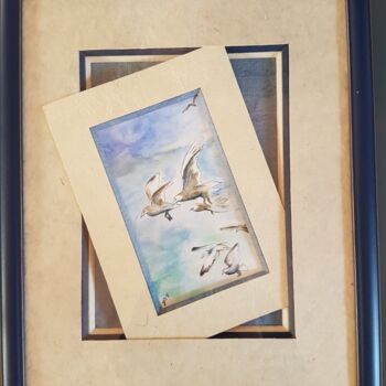 Painting titled "Mouettes au-dessus…" by Gisele Hamon, Original Artwork, Watercolor Mounted on Cardboard
