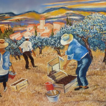 Painting titled "ramassage des olives" by Gisele Perron, Original Artwork, Oil