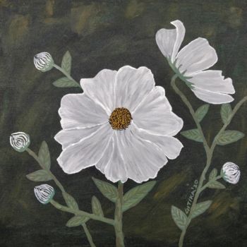 Malerei mit dem Titel "Cosmic White Flowers" von Gitika Singh, Original-Kunstwerk, Acryl Auf Keilrahmen aus Holz montiert