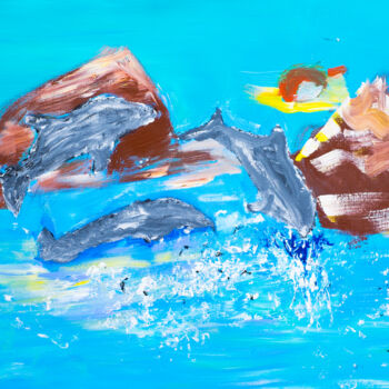Painting titled "DOLPHIN SHOW" by Giulia Pintea, Original Artwork, Acrylic Mounted on Wood Stretcher frame