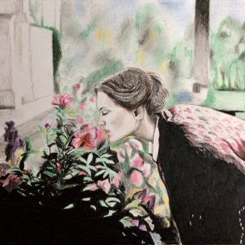 Drawing titled "Donna in giardino" by Cristina Giuliani, Original Artwork, Pastel