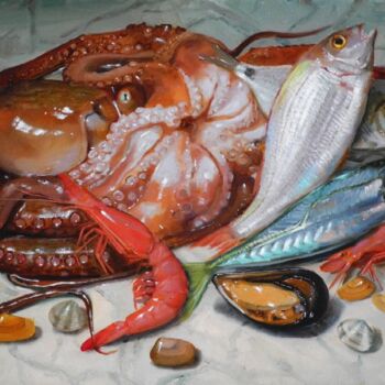 "still life with fish" başlıklı Tablo Giuseppe Cacciapuoti tarafından, Orijinal sanat, Petrol