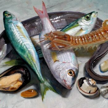 Peinture intitulée "still life with fish" par Giuseppe Cacciapuoti, Œuvre d'art originale, Huile