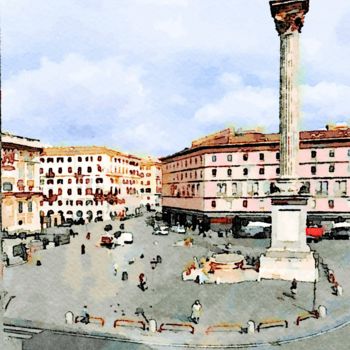 Arte digitale intitolato "Piazza con colonna" da Giuseppe Cocco, Opera d'arte originale, Acquarello