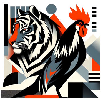 Arte digitale intitolato "Tigre e gallo #1" da Giuseppe Cristadoro, Opera d'arte originale, Immagine generata dall'IA