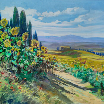 Painting titled "Sunflowers valley -…" by Giuseppe Landi, Original Artwork, Oil Mounted on Wood Stretcher frame