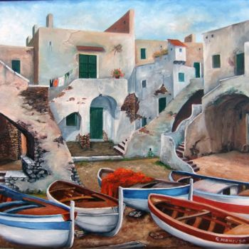 Painting titled "Dimore dei pescatori" by Giuseppe Mancuso, Original Artwork, Oil