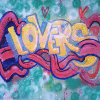 Schilderij getiteld "Lovers" door Giuseppe Valia, Origineel Kunstwerk, Graffiti Gemonteerd op Frame voor houten brancard
