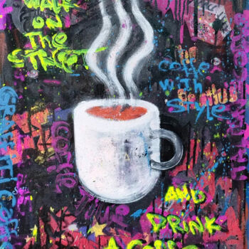 Painting titled "Street Coffe" by Giuseppe Valia, Original Artwork, Spray paint Mounted on Wood Stretcher frame
