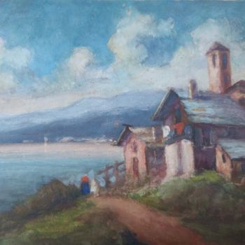Pittura intitolato "Villaggio sul lago…" da Giuseppe Naretto, Opera d'arte originale, Tempera