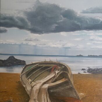 Painting titled "Barca su spiaggia d…" by Giuseppina Catalano, Original Artwork, Oil