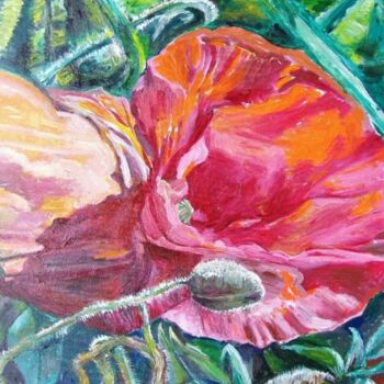 Painting titled "Poppy Flower" by Gizella Fejes, Original Artwork, Oil