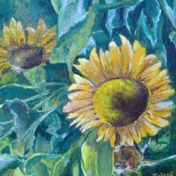 Painting titled "Sunflowers" by Gizella Fejes, Original Artwork, Oil