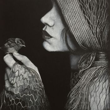 Tekening getiteld "La femme et l’oiseau" door Gerald Ksavrelof, Origineel Kunstwerk, Potlood