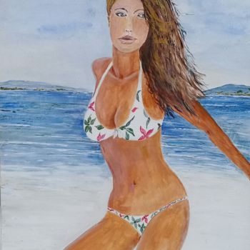 Painting titled "Woman at the Beach" by Glauco, Original Artwork, Acrylic