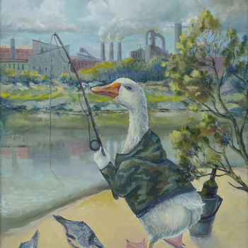 Malerei mit dem Titel ""Fishing"" von Glo Bah, Original-Kunstwerk, Öl