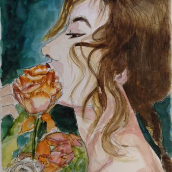 Schilderij getiteld "Jeune femme avec fl…" door G Riart, Origineel Kunstwerk, Aquarel Gemonteerd op Karton