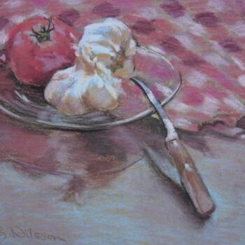 Schilderij getiteld "Tomatoe with Garlic" door Gloria Nilsson, Origineel Kunstwerk, Pastel