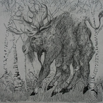 Drawing titled "Elan dans une forêt…" by Grégory M. Compagnon, Original Artwork, Ink