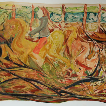 Картина под названием "le grand cheval d'or" - Grégory M. Compagnon, Подлинное произведение искусства, Масло