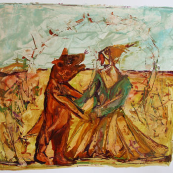 Картина под названием "ours-et-la jeune-fi…" - Grégory M. Compagnon, Подлинное произведение искусства, Масло