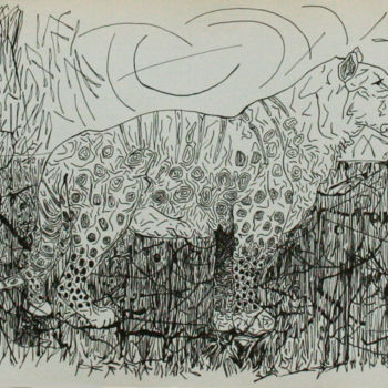 Картина под названием "lion des cavernes 1" - Grégory M. Compagnon, Подлинное произведение искусства, Чернила