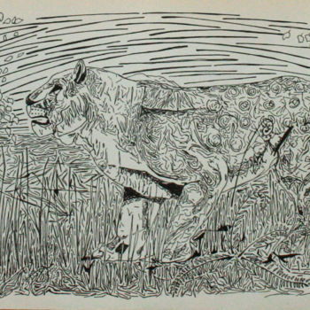 Painting titled "lion des cavernes 2" by Grégory M. Compagnon, Original Artwork, Ink