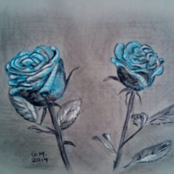 Dibujo titulada "Μπλε τριαντάφυλλα" por Georgia Melanitou (G.M.), Obra de arte original, Carbón