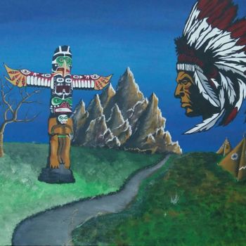 Pintura titulada "INDIAN TOTEM LANDSC…" por Flooyd, Obra de arte original, Acrílico