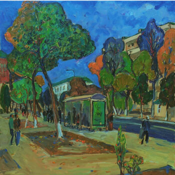 Peinture intitulée "At the bus stop" par Gochmuradov Gahryman, Œuvre d'art originale, Huile