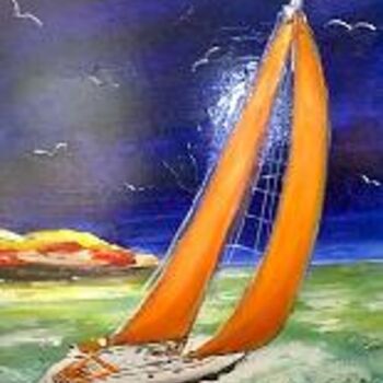 Peinture intitulée "barque en mer" par Roger Godart, Œuvre d'art originale