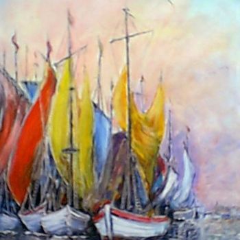 Painting titled "Navires au port" by Roger Godart, Original Artwork, Oil
