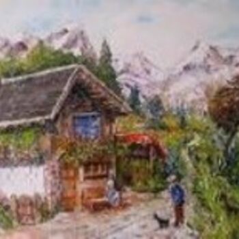 Peinture intitulée "chalet en montagne" par Roger Godart, Œuvre d'art originale, Huile