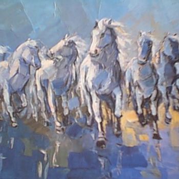 Картина под названием "chevaux de camargues" - Roger Godart, Подлинное произведение искусства, Масло