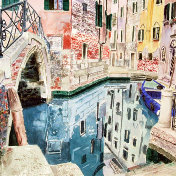 Painting titled "Venice canal & brid…" by Godwin Cassar, Original Artwork