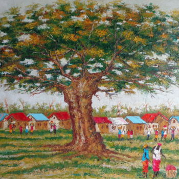 Painting titled "Mankesim Village" by Godwin Atta Geoman, Original Artwork, Oil