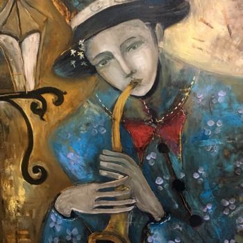 Painting titled "night musician" by Elena Injia, Original Artwork, Oil