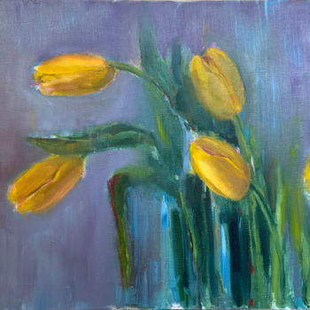 Painting titled "Five Yellow Tulips" by Juliya Povkh, Original Artwork, Oil