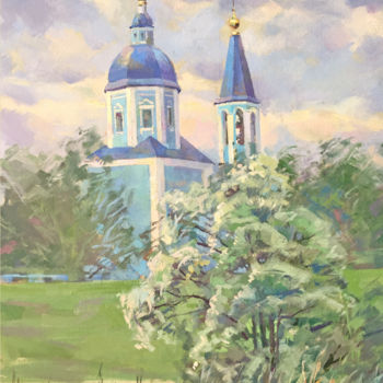 Painting titled "Пейзаж с храмом" by Dmitrii Golts, Original Artwork, Oil
