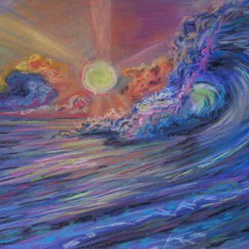 Drawing titled "Sunset in blue waves" by Svetlana Gudilova, Original Artwork, Pastel